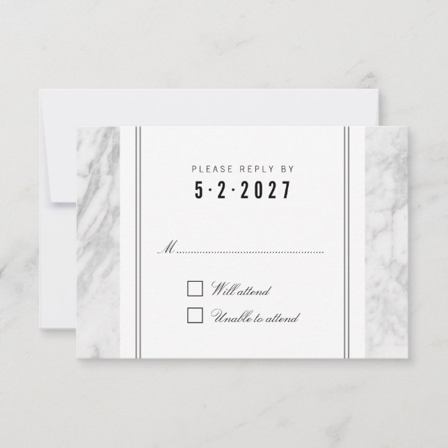 Elegant Chic White Grey Marble Wedding RSVP Card (Front)