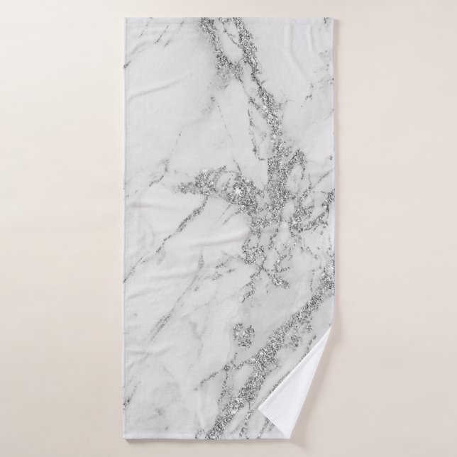 Elegant chic white grey silver glitter marble bath towel (Bath Towel)
