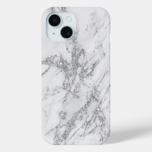 Elegant chic white grey silver glitter marble iPhone 15 case