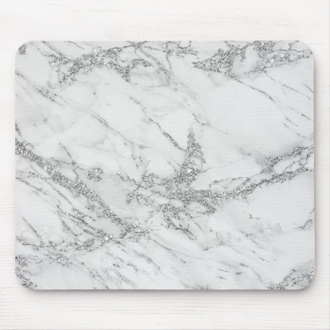Elegant chic white grey silver glitter marble mouse pad (Front)