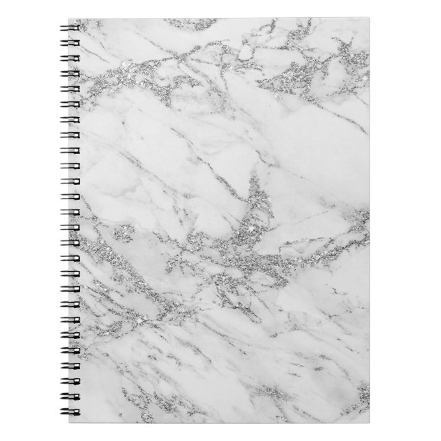Elegant chic white grey silver glitter marble notebook (Front)