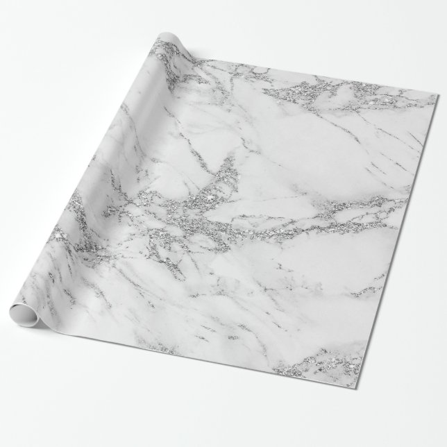 Elegant chic white grey silver glitter marble wrapping paper (Unrolled)