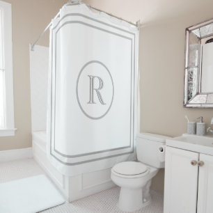 Elegant Chic White Grey Trim Custom Monogram   Shower Curtain