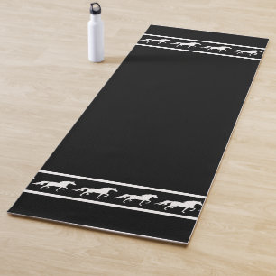 Elegant, Chic White Horses on Black Yoga Mat