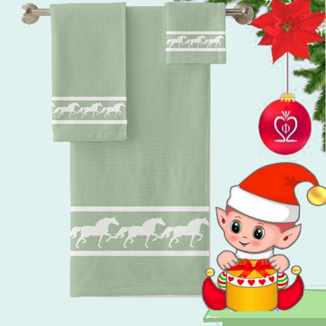 Elegant, Chic White Horses on Laurel Green Bath Towel Set (Creator Uploaded)