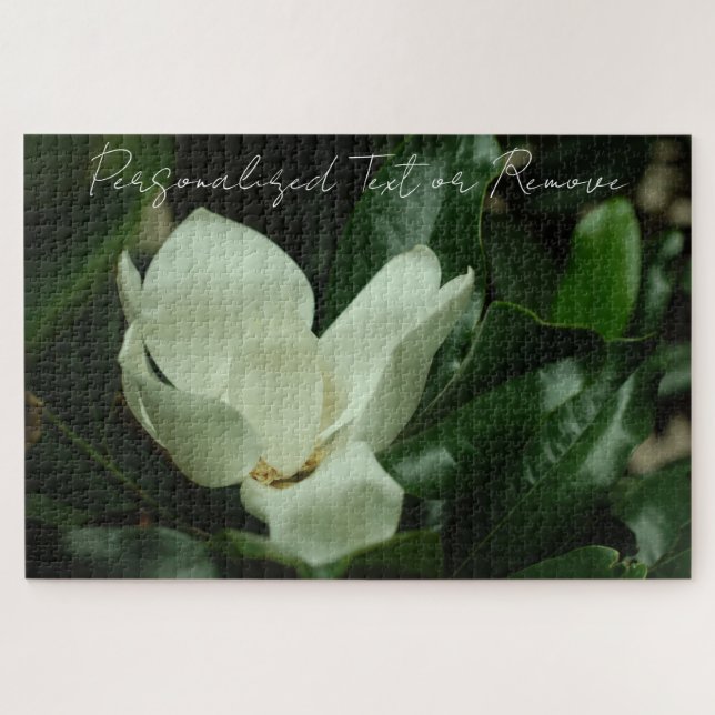 Elegant Chic White Magnolia with Personalised Text Jigsaw Puzzle (Horizontal)