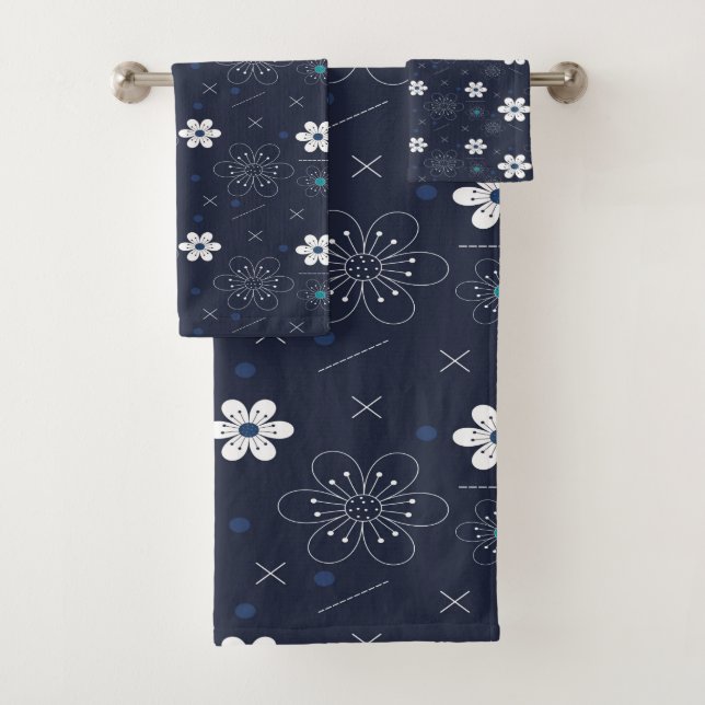 Elegant chic withe floral navy back bath towel set (Insitu)