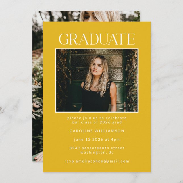 Elegant Chic Yellow Two Photo Graduation Party Invitation (Front/Back)
