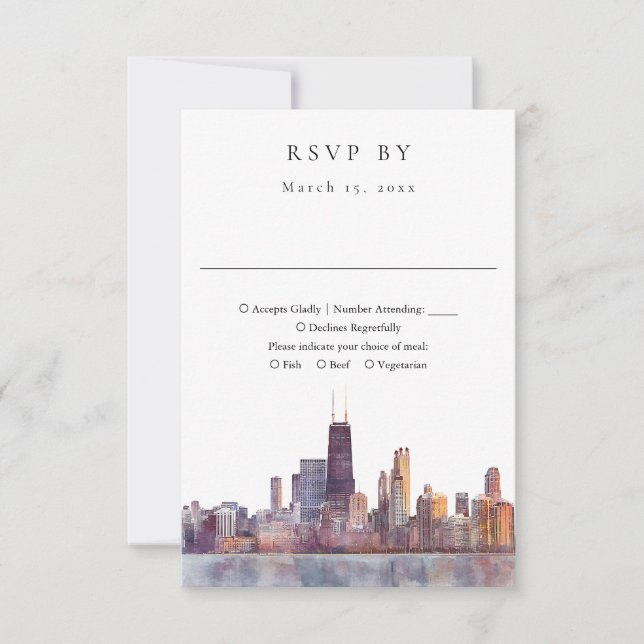 Elegant Chicago Skyline Watercolor Wedding RSVP Card (Front)