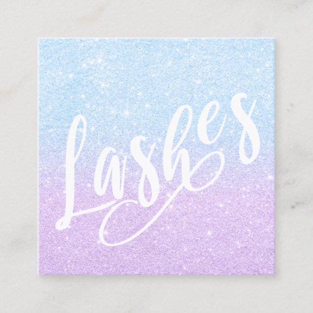 Elegant chick aqua & violet glitter lashes square business card (Front)