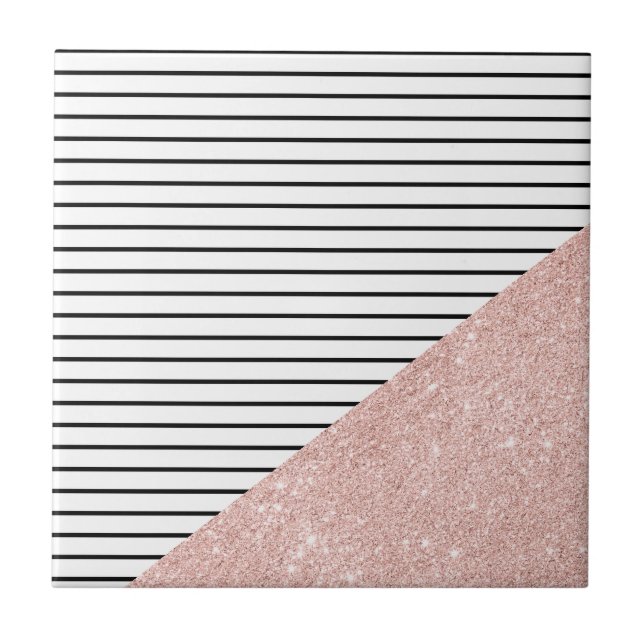 Elegant chick black stripes and rose gold glitter ceramic tile (Front)