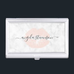 Elegant chick blush pink lips marble makeup artist business card holder<br><div class="desc">Pretty design featuring blush pink lips,  white marble texture and elegant calligraphy font.</div>