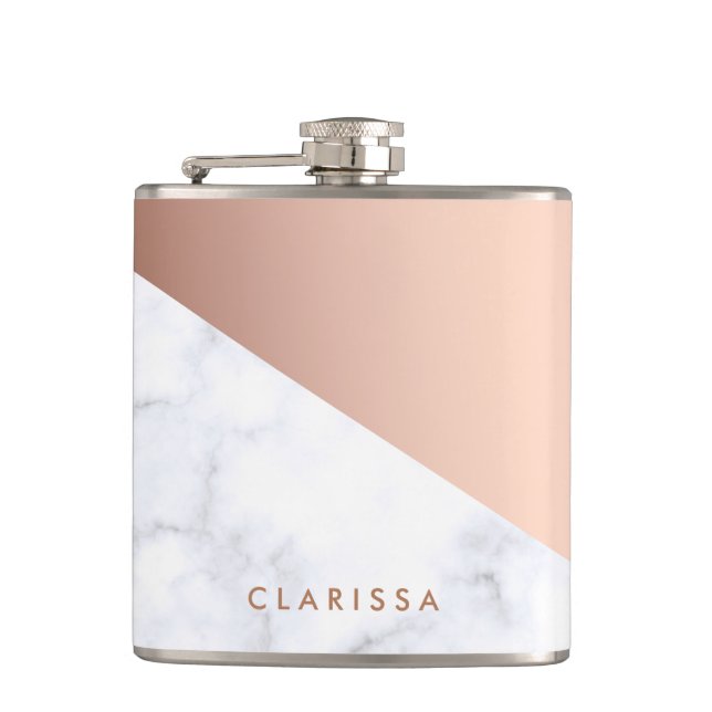 Elegant chick geometric white marble rose gold hip flask (Front)