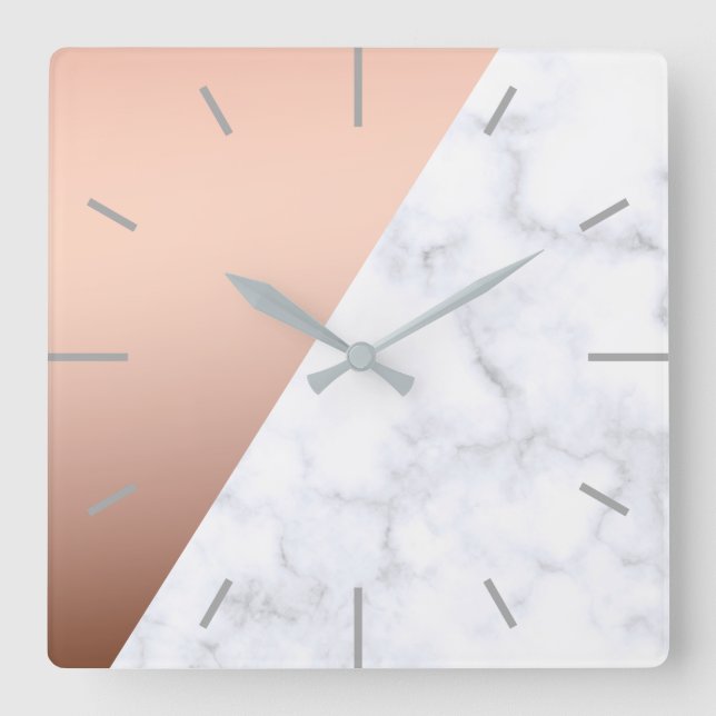 Elegant chick geometric white marble rose gold square wall clock (Front)