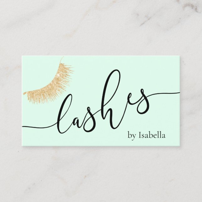 Elegant chick gold glitter mint green lashes business card (Front)