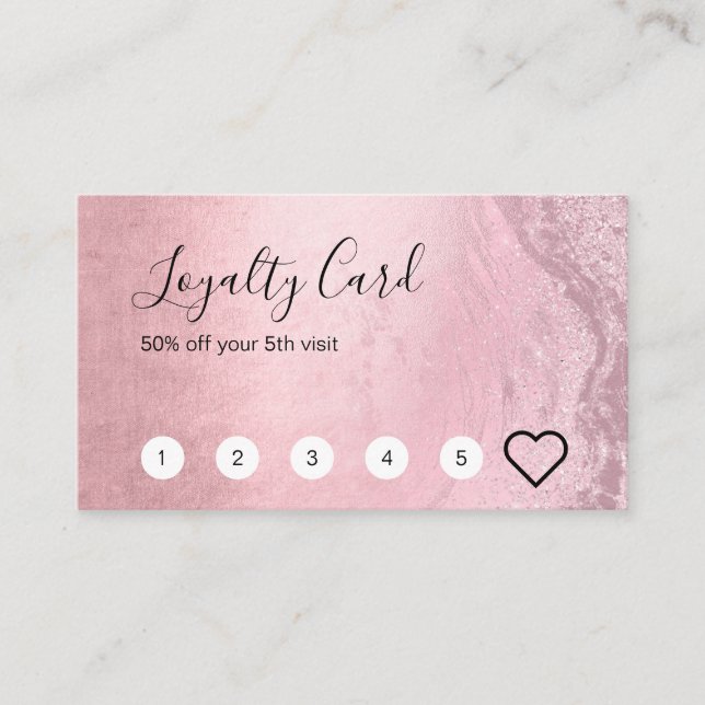 Elegant chick pink rose gold glitter makeup artist loyalty card (Front)