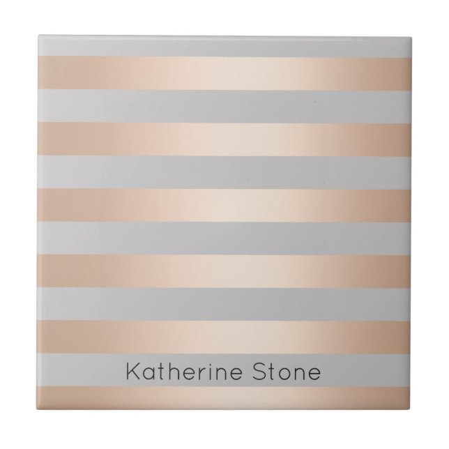 Elegant Chick Rose Gold & Grey Stripe Ceramic Tile (Front)