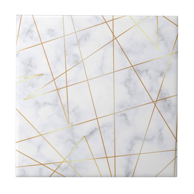 elegant chick white marble faux gold geometric ceramic tile (Front)