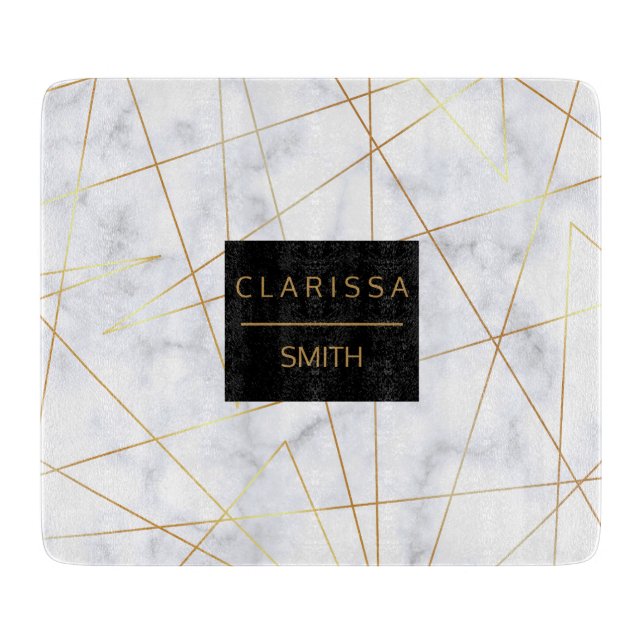 elegant chick white marble faux gold geometric cutting board (Front)