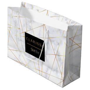 elegant chick white marble faux gold geometric large gift bag