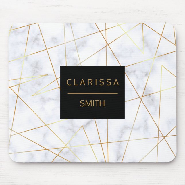 elegant chick white marble faux gold geometric mouse pad (Front)