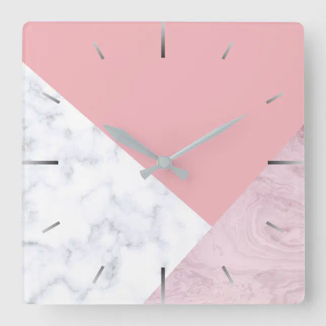 Pink Clock Square Elegant chick white pastel pink marble geometric square wall clock | Zazzle