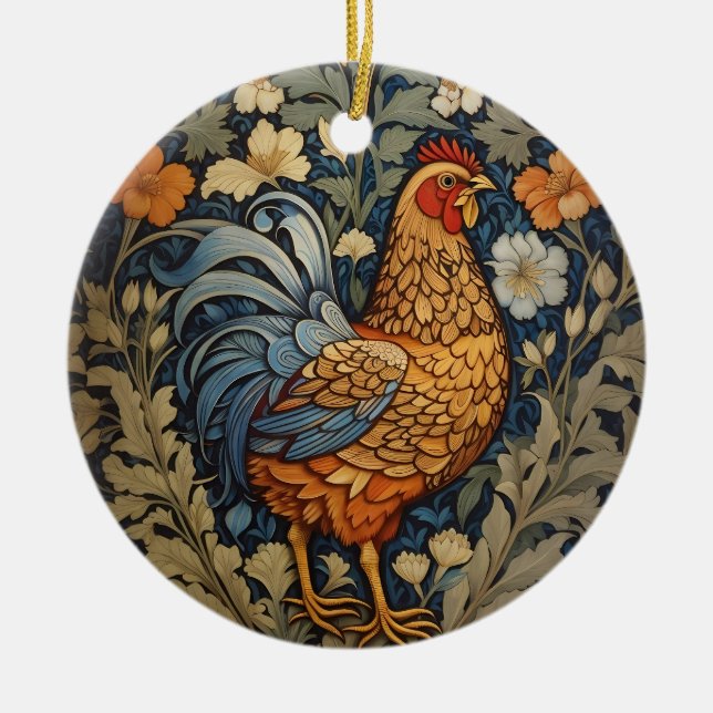 Elegant Chicken William Morris Inspired Floral Ceramic Ornament (Front)