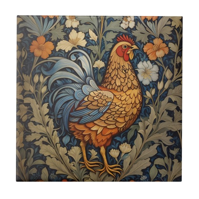 Elegant Chicken William Morris Inspired Floral Ceramic Tile (Front)