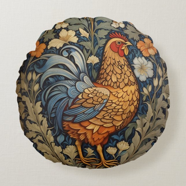 Elegant Chicken William Morris Inspired Floral Round Cushion (Front)