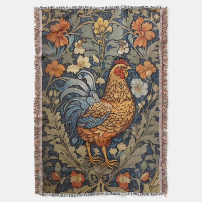 Elegant Chicken William Morris Inspired Floral Throw Blanket (Front Vertical)