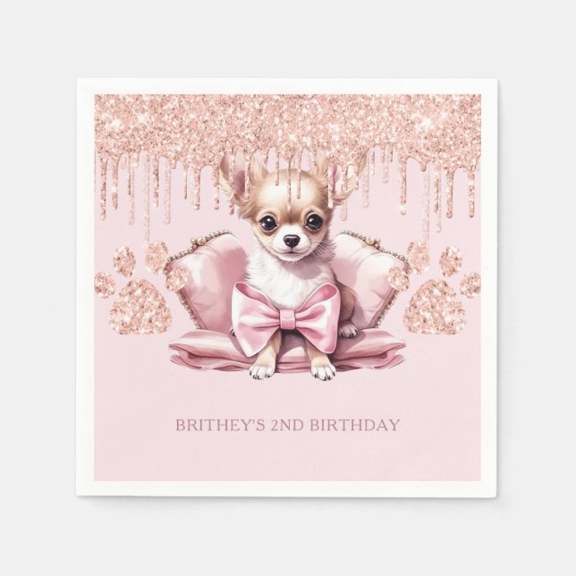 Elegant Chihuahua with Glitter Birthday Party Napkin (Front)