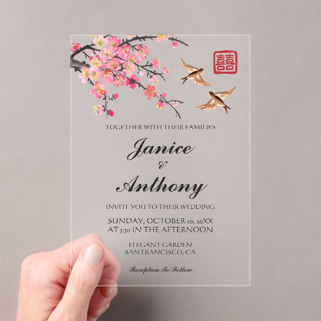 Elegant Chinese flowers birds wedding Acrylic Invitations (Insitu (Handheld))