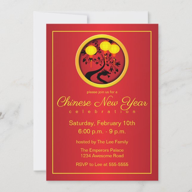 Elegant Chinese New Year Dragon Gold Lanterns Invitation (Front)