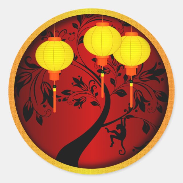 Elegant Chinese New Year Monkey with Gold Lanterns Classic Round Sticker (Front)