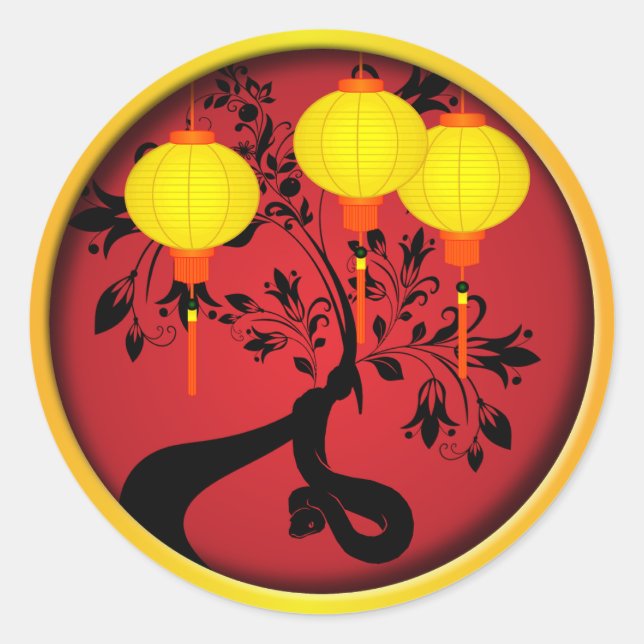 Elegant Chinese New Year Snake Gold Lanterns Classic Round Sticker (Front)