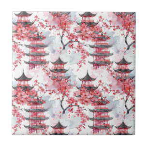 Elegant Chinese Pagoda Cherry Blossom Ceramic Tile