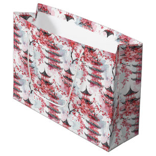 Elegant Chinese Pagoda Cherry Blossom Illustration Large Gift Bag