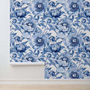 Elegant Chinoiserie Blue and White Floral Pattern Wallpaper