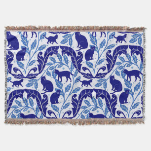 Elegant Chinoiserie Blue Black Cat-Whimsical Throw Blanket