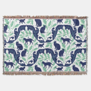 Elegant Chinoiserie Blue Mint Black Cat-Whimsical  Throw Blanket