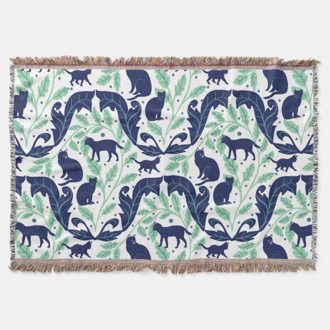 Elegant Chinoiserie Blue Mint Black Cat-Whimsical  Throw Blanket (Front)
