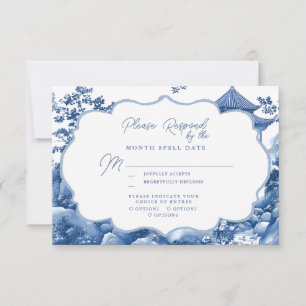 Elegant Chinoiserie Blue Pagoda Wedding RSVP Card