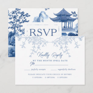 Elegant Chinoiserie Blue Pagoda Wedding RSVP Card