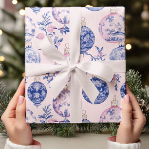 Elegant Chinoiserie Blue & Pink Christmas Ornament Wrapping Paper