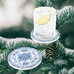 Elegant Chinoiserie Blue White Floral  Coaster