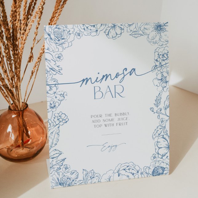 Elegant Chinoiserie Bridal Mimosa Bar Cocktail Pedestal Sign (Elegant navy blue toile de jouy mimosa bar sign)