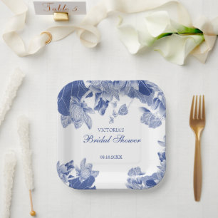 Elegant Chinoiserie Chic Blue White Floral Design Paper Plate