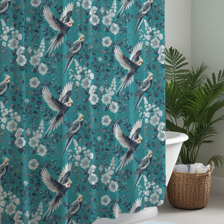 Elegant Chinoiserie Cockatiel Birds Floral Teal Shower Curtain