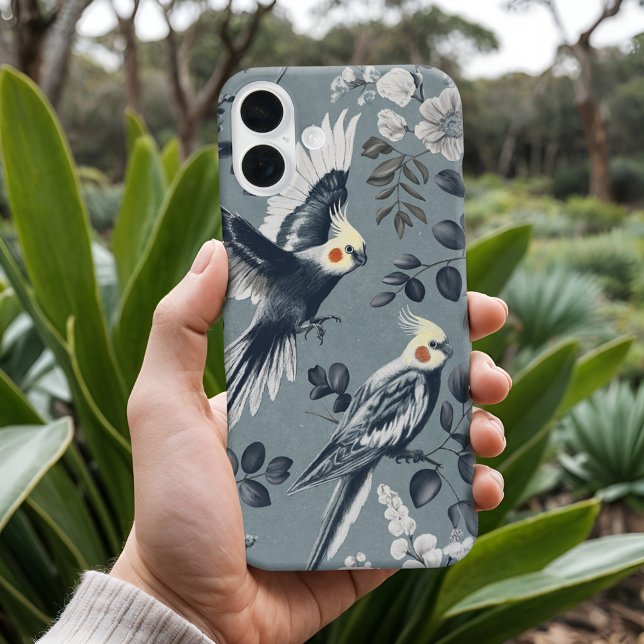 Elegant Chinoiserie Cockatiel Flight Blue Floral Case-Mate iPhone Case (Elegant Chinoiserie Cockatiel iPhone Case with Floral Botanicals in Blue-Gray timeless bird art)