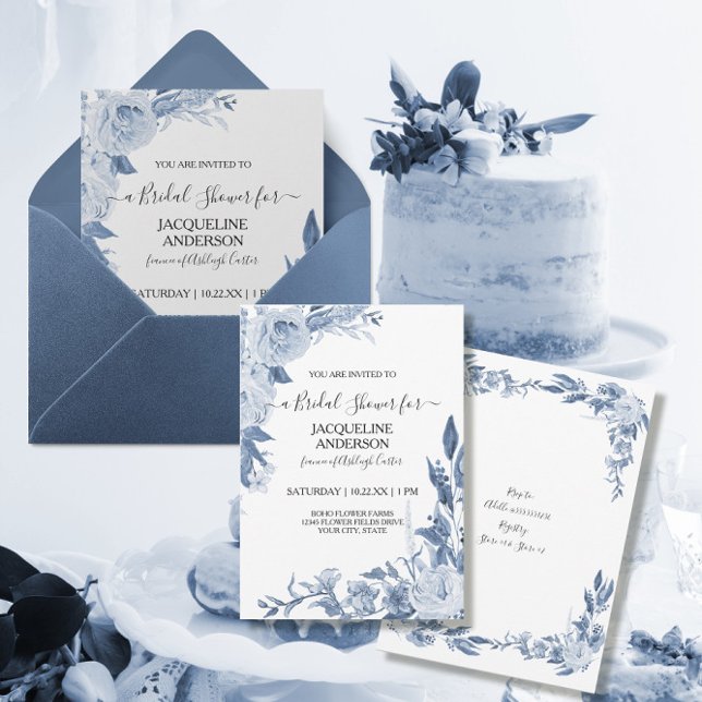 Elegant Chinoiserie Floral Blue Bridal Shower Invitation (Creator Uploaded)